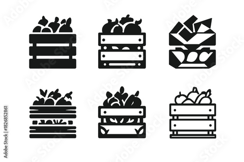 Produce Logo Variations. produce display. Icon set. Set Logo of produce display: stacked produce boxes. harmonious logo variations of the same emblematic