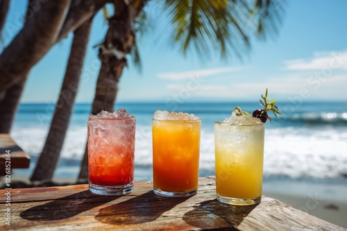 Colorful Tropical Drinks by the Beach on a Sunny Day at the Ocean