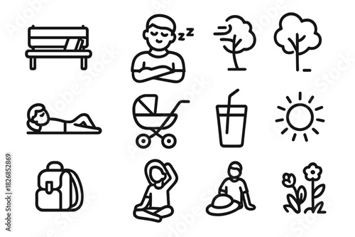 Park Relaxation Icons. Relaxing in park. Line icon set of relaxing in park: bench with book, closed eyes parent, breezy tree, child lying down, stroller