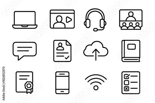 Online Education Icons. Online education. Line icon set of online education: laptop, video lecture, headset, virtual classroom, chat bubble, online assignment,