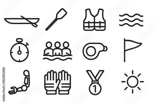 Adaptive Rowing Icons. Adaptive rowing. Line icon set of adaptive rowing: rowing boat, oar, life jacket, waves, stopwatch, team, whistle, flag, prosthetic arm,