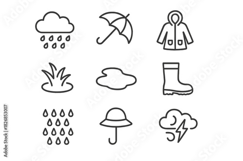 Rainy Weather Icons. Rainy Weather. Line icon set of Rainy Weather: cloud with raindrops, umbrella, raincoat, water splash, puddle, wet boot, lightning, rain