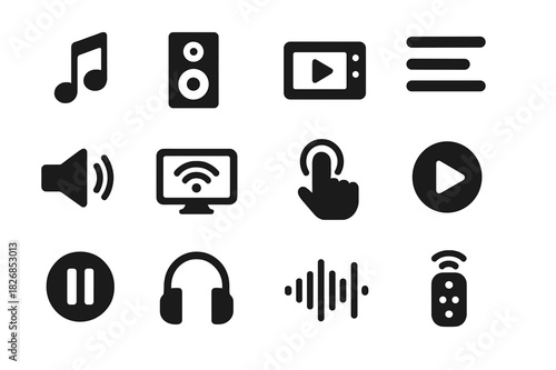 Entertainment Control Icons. Entertainment control. Solid icon set of Entertainment control: music note, speaker, video icon, playlist, volume icon, smart