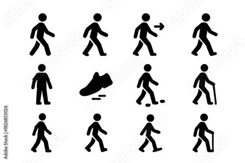 Walking Posture Icons. Walking posture. Solid icon set of Walking posture: person walking, stride motion, arm swing, relaxed gait, forward motion, casual