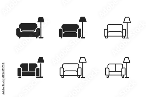 Harmonious Apartment Logos. Apartment. Icon set. Set Logo of apartment: living room sofa with floor lamp. harmonious logo variations of the same emblematic
