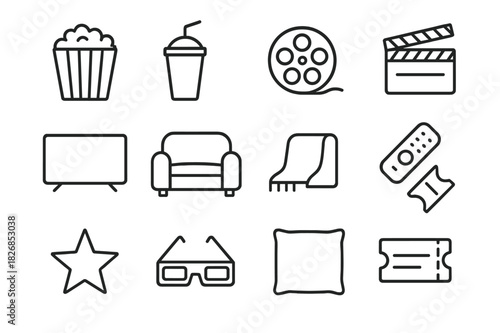 Movie Night Icons. Movie night. Line icon set of movie night: popcorn bucket, soda cup, film reel, clapperboard, tv screen, couch, blanket, remote control,