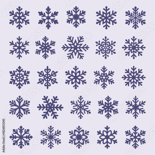Collection of purple winter snowflakes in a clean minimal style. Decorative vector set perfect for Christmas designs, cards, stickers, crafts and seasonal illustrations.