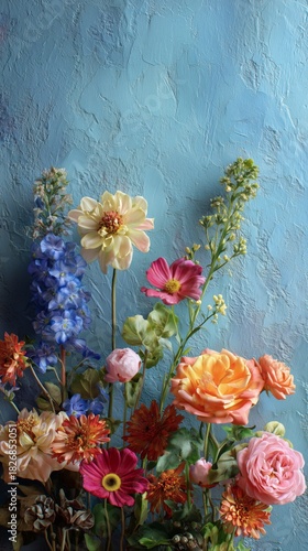 Colorful Floral Arrangement Showcasing Various Blooms Against a Textured Blue...