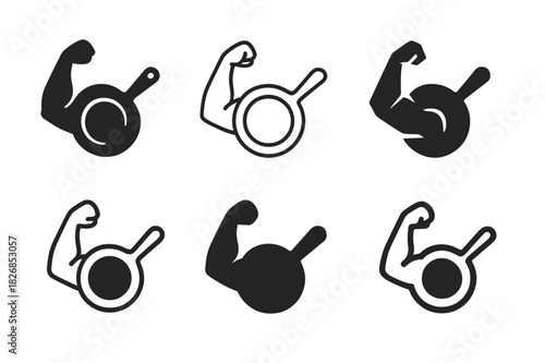 Fitness Cooking Logos. Cooking for fitness goals and muscle building. Icon set. Set Logo of kitchen utensils. harmonious logo variations of the same emblematic