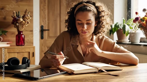 Focused Young Woman Studying at Home