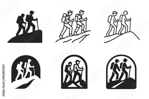 Mountain Hiking Logos. People hiking in the mountains on a warm day. Icon set. Set Logo of hiking: hikers crossing ridge. harmonious logo variations of the