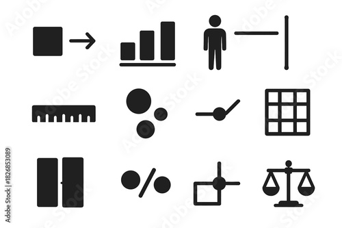 Proportion Icon Grid. Proportion and scale. Solid icon set of Proportion and scale: size comparison, object hierarchy, human figure icon, reference line, scale