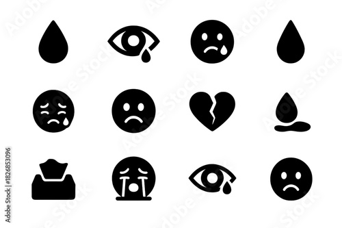 Sadness Icon Set. Crying and Sadness. Solid icon set of teardrop, eye with tear, crying face, water droplet, sobbing emoji, frown, broken heart, puddle,