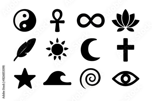 Cultural Symbol Icons. Cultural Symbols. Solid icon set of Cultural Symbols: yin yang, ankh, infinity loop, lotus, feather, tribal sun, crescent moon, cross,