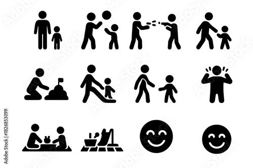 Family Fun Icons. Family playtime. Solid icon set of Family playtime: parent figure, child figure, ball toss, water gun fight, sandbox building, slide, hand