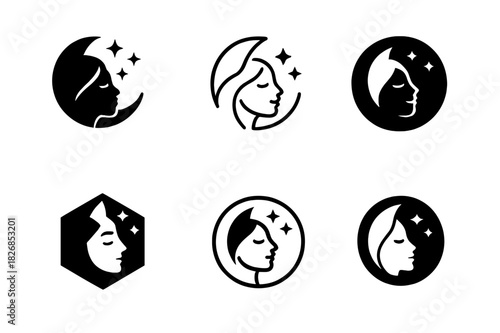 Nighttime Skincare Icons. Creating a night-time skincare routine. Icon set. Set Logo of skincare: nighttime relaxation symbol. harmonious logo variations of