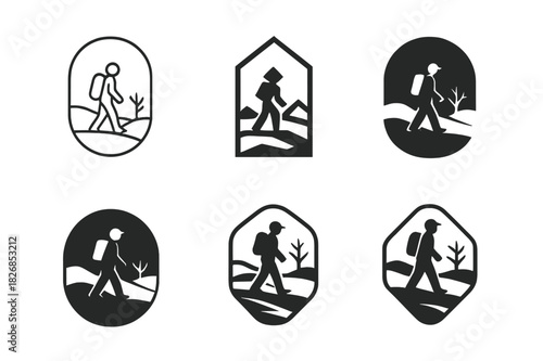 Traveler Icon Variations. Person walking through a barren landscape. Icon set. Set Logo of barren landscape: lone traveler with backpack. harmonious logo