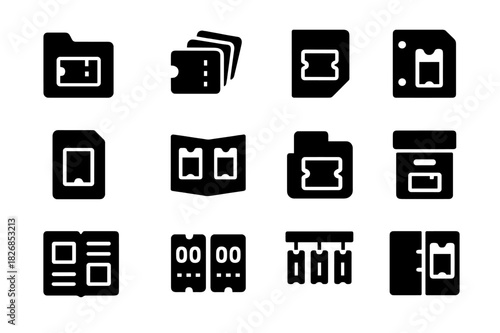 Ticket Organization Icons. Ticket organization. Solid icon set of Ticket organization: labeled folders, sorted stack, ticket envelope, binder sheet, protective