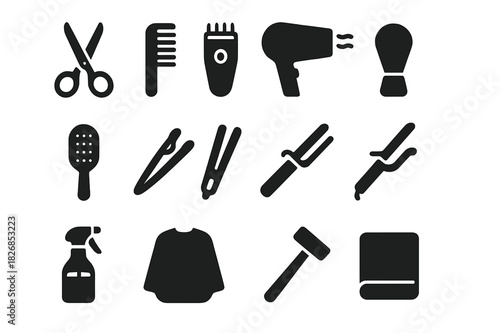 Hair Styling Icons. Hair styling tools. Solid icon set of Hair styling tools: scissors, comb, clipper, hairdryer, brush, hair clips, straightener, curling