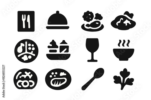 Restaurant Icon Set. Restaurant servings. Solid icon set of Restaurant servings: menu plate, chef platter, side dishes, garnished dish, portioned plate,