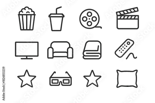 Movie Night Icons. Movie night. Line icon set of movie night: popcorn bucket, soda cup, film reel, clapperboard, tv screen, couch, blanket, remote control,