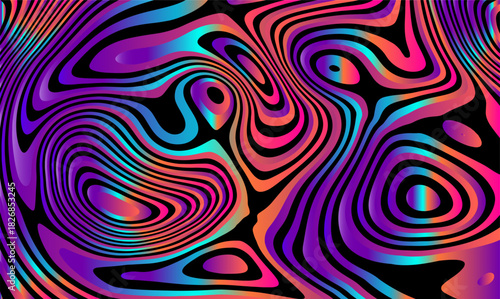 Hypnotic psychedelic vector background with thick black outlines separating flowing neon waves in electric pink, purple, cyan gradients. Melting liquid swirl abstraction. Rave visuals, acid graphics.