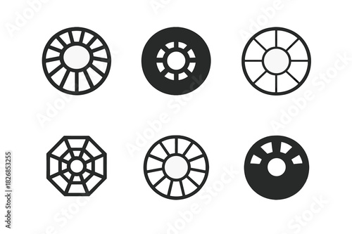 Open Atrium Logos. Open Atrium. Icon set. Set Logo of Open Atrium: circular open ceiling. harmonious logo variations of the same emblematic concept, each with