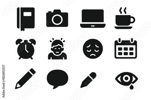 Life's Daily Struggles. Life Challenges. Solid icon set of journal, notebook, camera, laptop, coffee cup, alarm clock, tired person, sad face, calendar,