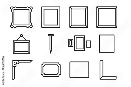 Art Frame Icon Set. Art frames. Line icon set of art frames: ornate border, modern frame, wood frame, thin metal frame, frame with mount, hanging wire, nail,