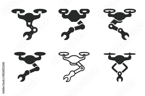 Autonomous Manufacturing Logos. Autonomous manufacturing. Icon set. Set Logo of autonomous manufacturing: automated drone worker. harmonious logo variations of