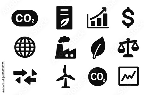 Carbon Trading Symbols. Carbon trading markets. Solid icon set of carbon trading markets: CO2 icon, carbon credit certificate, emission graph, dollar sign,