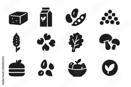 Plant-Based Icons. Plant-based diet. Solid icon set of plant-based diet: tofu block, soy milk, legumes, lentils, quinoa, chickpeas, kale, mushrooms,