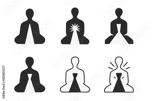 Soul Departure Logos. Soul leaving the body. Icon set. Set Logo of soul leaving the body: Beam of light from chest. harmonious logo variations of the same