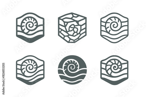 Geological Icon Variations. Fossils and geological history of nature. Icon set. Set Logo of fossils and geology: sedimentary rock cross-section. harmonious