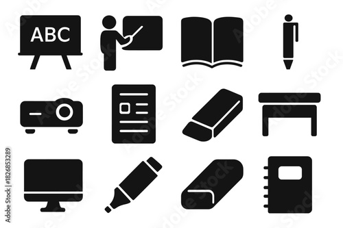 Teaching Tools Icons. Teaching tools. Solid icon set of Teaching tools: chalkboard, whiteboard, pointer, book, pen, projector, lesson plan, eraser, desk,