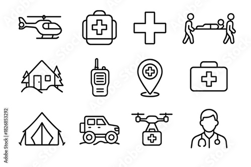Emergency Icons Set. Emergency Responders Delivering Medical Aid in Remote Areas. Line icon set of Emergency Responders Delivering Medical Aid in Remote Areas: