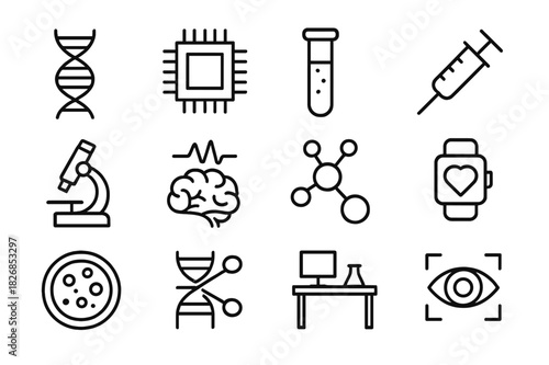 Biohacking Line Icons. Biohacking and DIY Biotechnology. Line icon set of Biohacking and DIY Biotechnology: DNA strand, microchip, test tube,