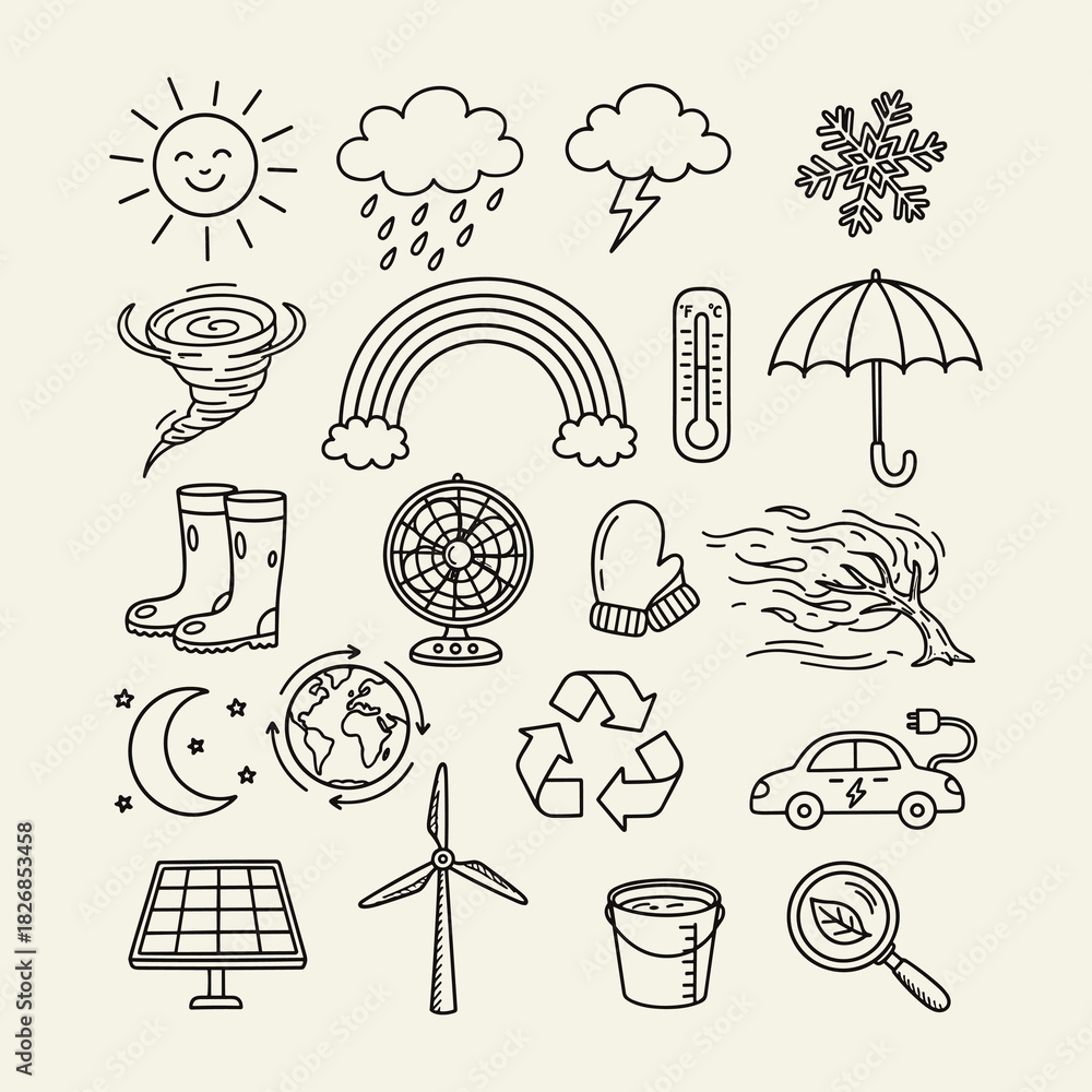 Fototapeta premium Weather and Climate Doodle Icon Set. Hand-drawn symbols of seasons, environment, renewable energy and ecological elements