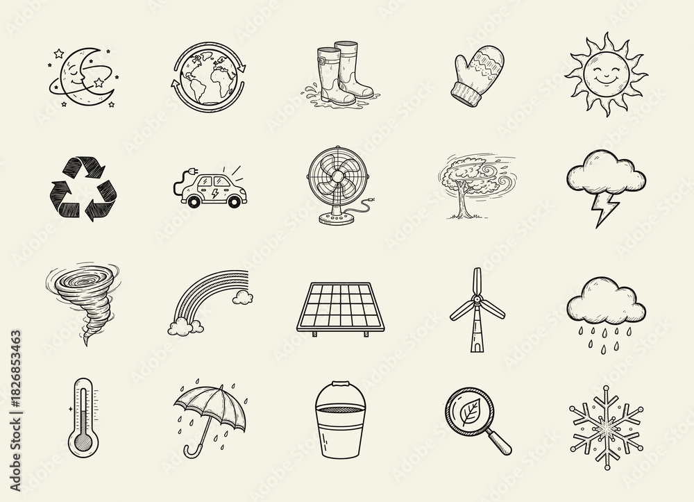Fototapeta premium Weather and Climate Doodle Icon Set. Hand-drawn symbols of seasons, environment, renewable energy and ecological elements