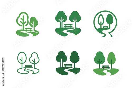 Park Logo Variations. Park. Icon set. Set Logo of park: relaxation and greenery emblem. harmonious logo variations of the same emblematic concept, each with
