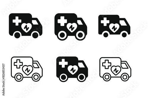 Mobile Medical Icon Set. Mobile medical unit. Icon set. Set Logo of mobile medical unit: defibrillator. harmonious logo variations of the same emblematic