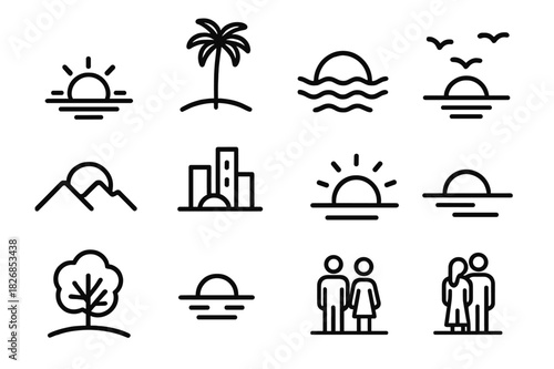Sunset Icon Set. Sunset moments. Line icon set of sunset moments: sunset on horizon, palm silhouette, waves and sun, mountain view, city skyline, birds flying,