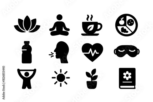 Holistic Health Icons. Holistic Approaches to Health and Wellness. Solid icon set of Holistic Approaches to Health and Wellness: lotus, meditation pose, herbal