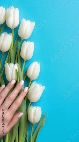 Beautiful Hand With Mint Nails Resting on Fresh White Tulips on a Bright Blue...
