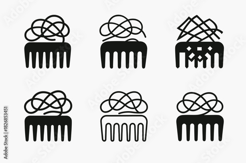 Tangled Hair Logos. Tangled hair. Icon set. Set Logo of tangled hair: Comb with scattered strands. harmonious logo variations of the same emblematic concept,