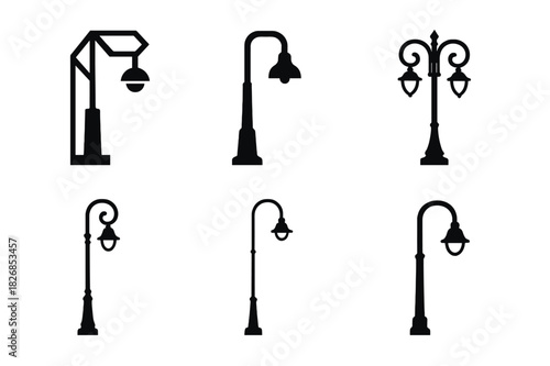 Streetlight Logo Variations. Streetlights at night. Icon set. Set Logo of streetlights: urban lamppost silhouette. harmonious logo variations of the same