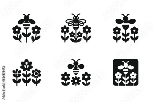 Garden Harmony Icons. Flowering garden and bees. Icon set. Set Logo of flowering garden and bees: garden harmony icon. harmonious logo variations of the same