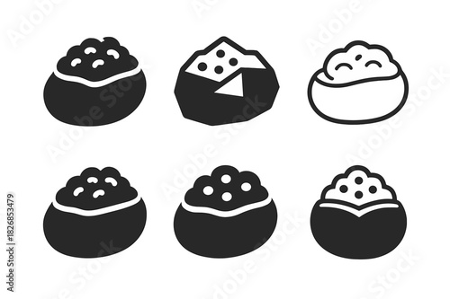 Stuffed Potato Logos. Stuffed potatoes. Icon set. Set Logo of stuffed potatoes: stylized potato icon. harmonious logo variations of the same emblematic