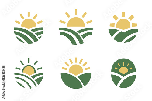 Sustainable Farming Logos. Sustainable farming practices. Icon set. Set Logo of sustainable farming: crop rows with sun. harmonious logo variations of the same
