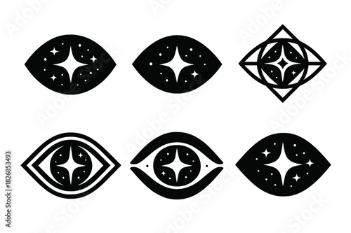 Cosmic Starry Emblems. Starry sky. Icon set. Set Logo of starry sky: cosmic eye. harmonious logo variations of the same emblematic concept, each with different